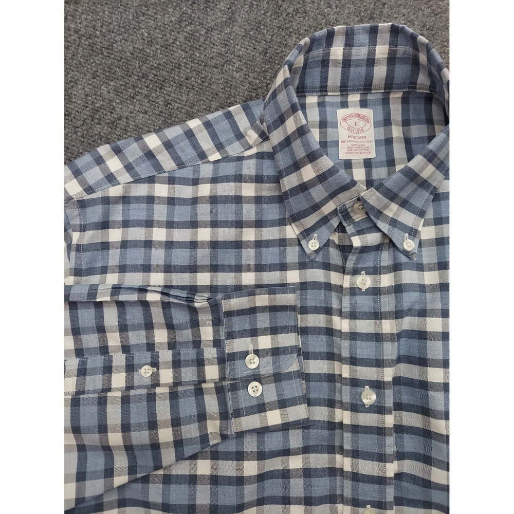 Brooks Brothers Shirt Mens Large Blue Plaid Madison Logo Long Sleeve Button Down
